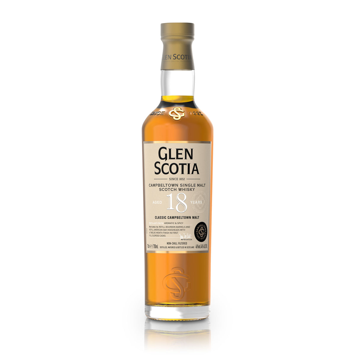 A bottle of Glen Scotia 18 Year Old Single Malt Scotch Whisky stands on a white background. The tall bottle, adorned with a gold cap, features a cream label displaying the brand name, age, and additional details about the single malt whisky, making it an ideal gift.