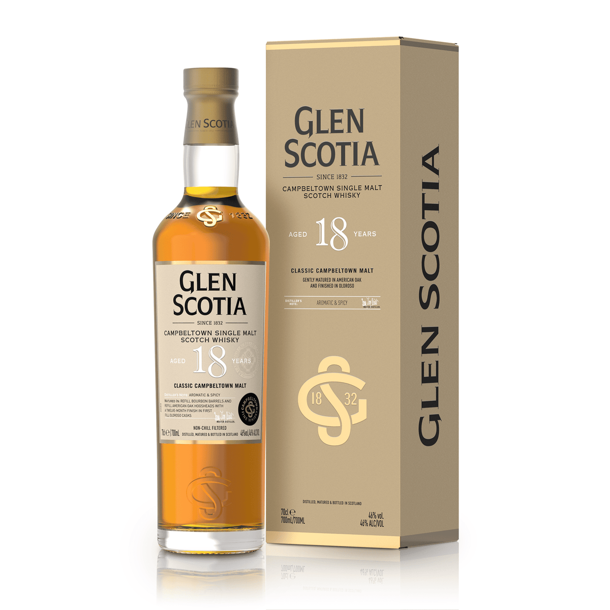 A bottle of Glen Scotia 18 Year Old Single Malt Scotch Whisky, matured in Oloroso casks, is showcased beside its beige box. The bottle has a gold cap and label detailing its age and origins, set against a white background.