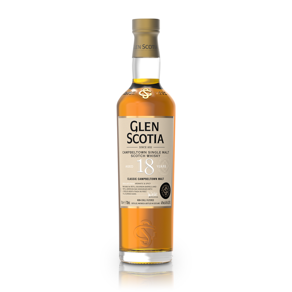 A bottle of Glen Scotia 18 Year Old Single Malt Scotch Whisky, with a golden amber hue, crafted by the Master Blender and matured in Oloroso casks. The pristine white label displays the Glen Scotia name and product details.