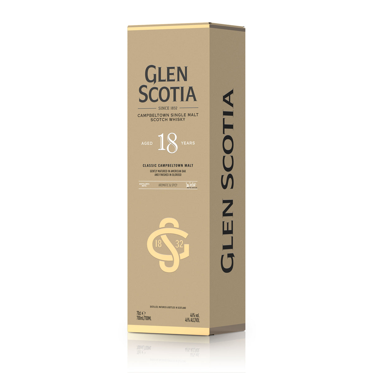 A sleek and glossy whisky gift option, the Glen Scotia 18 Year Old Single Malt Scotch Whisky comes in a beige box with &quot;Glen Scotia&quot; branding in black letters. The design features a large &quot;GLEN SCOTIA&quot; logo, an age statement, and various product details.