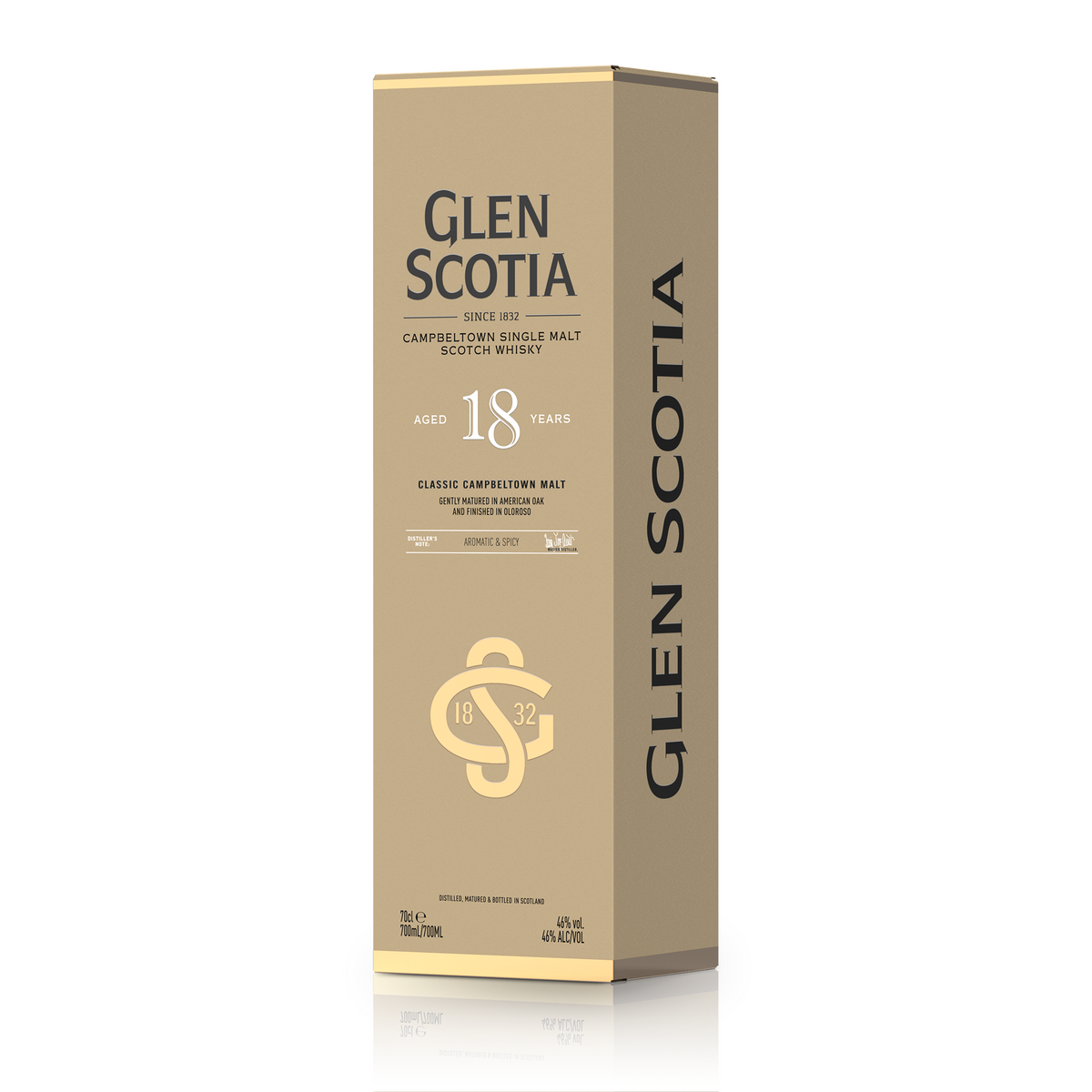 The Glen Scotia 18 Year Old Single Malt Scotch Whisky box, in tan and gold, highlights its Campbeltown origin and Oloroso cask maturation under the Master Blender&#39;s supervision. It stands at an angle on a white background.