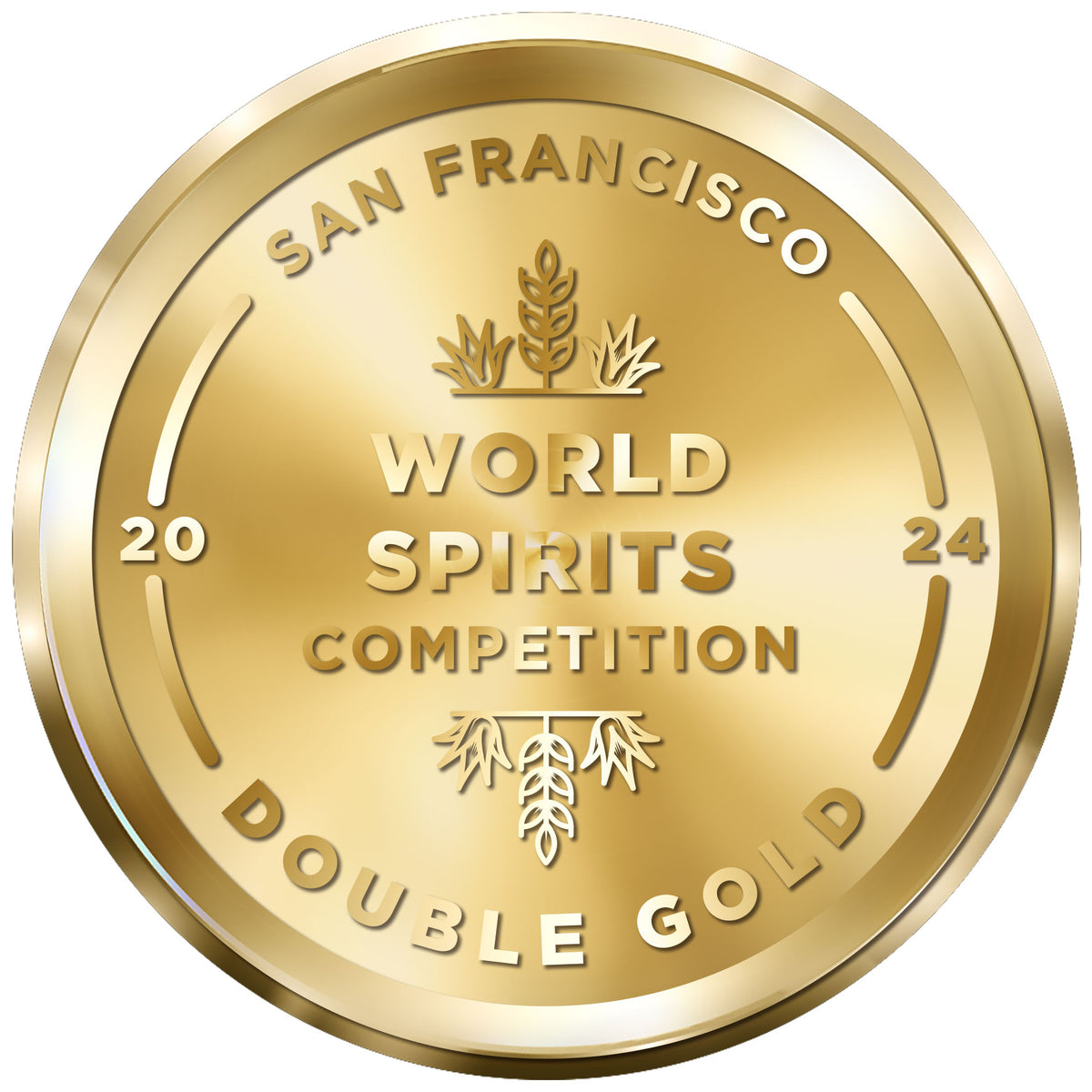 A round, gold medal with the inscription &quot;San Francisco World Spirits Competition Double Gold 2024,&quot; awarded to Glen Scotia&#39;s 18 Year Old Single Malt Scotch Whisky. The design features wheat illustrations and a sleek, polished finish. Ideal for whisky gifts, this medal signifies outstanding quality in the world of spirits.