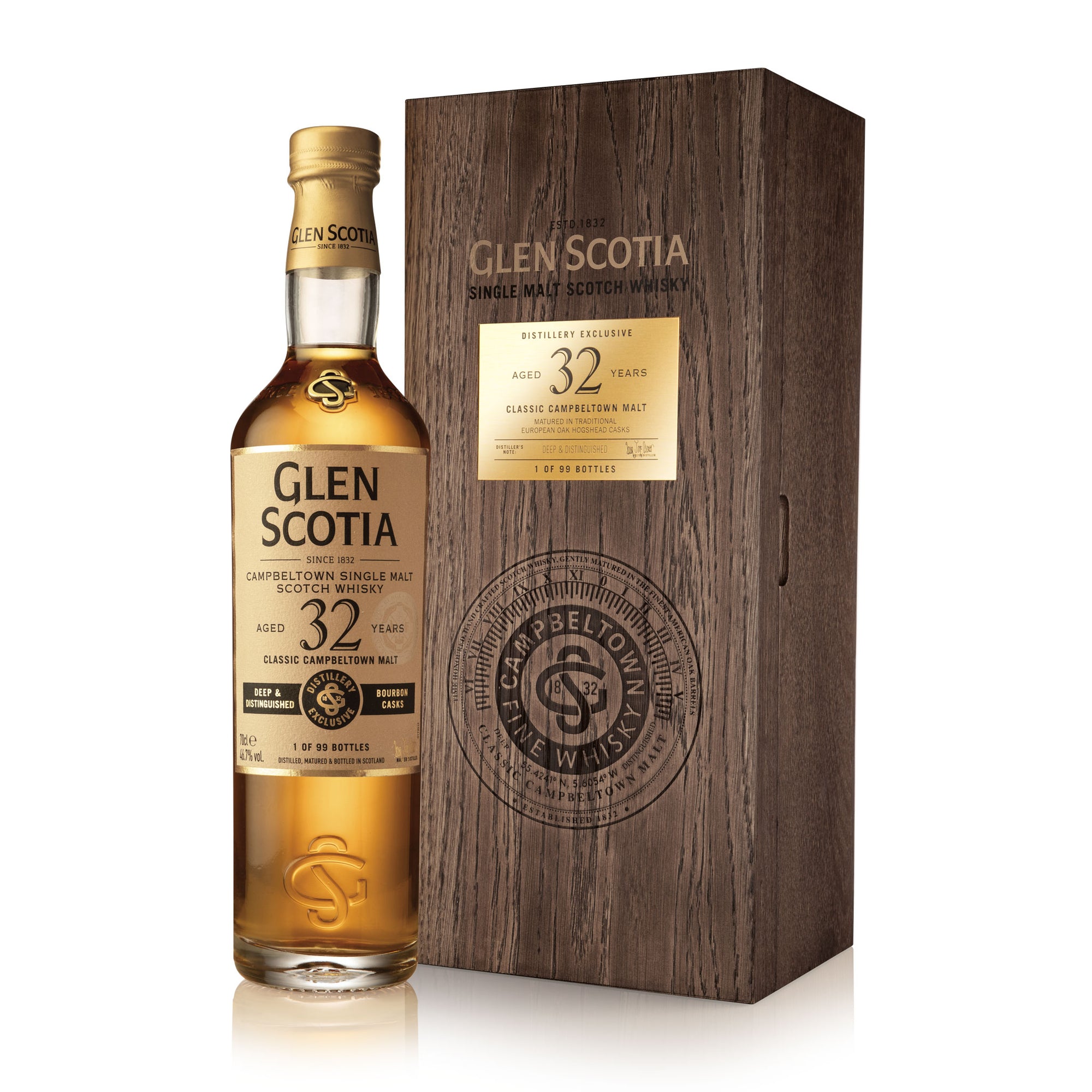 A bottle of Glen Scotia 32 Year Old Single Malt Scotch Whisky, hailed as a rare liquid, is showcased alongside its dark wooden box. The label and box inscriptions highlight its age and provenance. Both are arranged against a black background, radiating elegance and prestige.