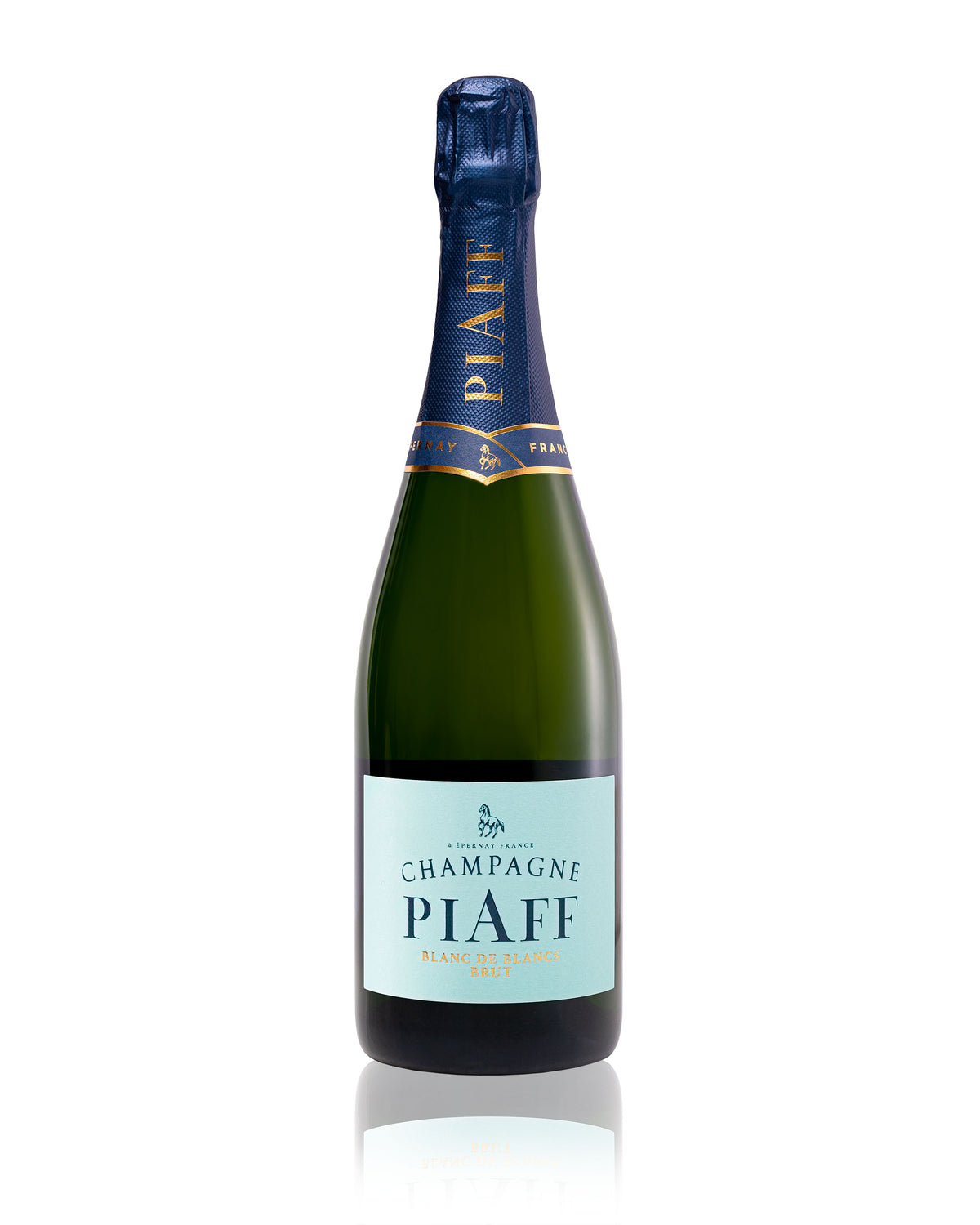 A bottle of Champagne PIAFF Blanc de Blancs NV. The label, in a light blue color featuring the brand name champagne-piaff and other details, harmonizes with the dark blue foil that wraps around the neck. Set against a white background, this champagne exudes minerality with hints of white fruits and soft floral notes.