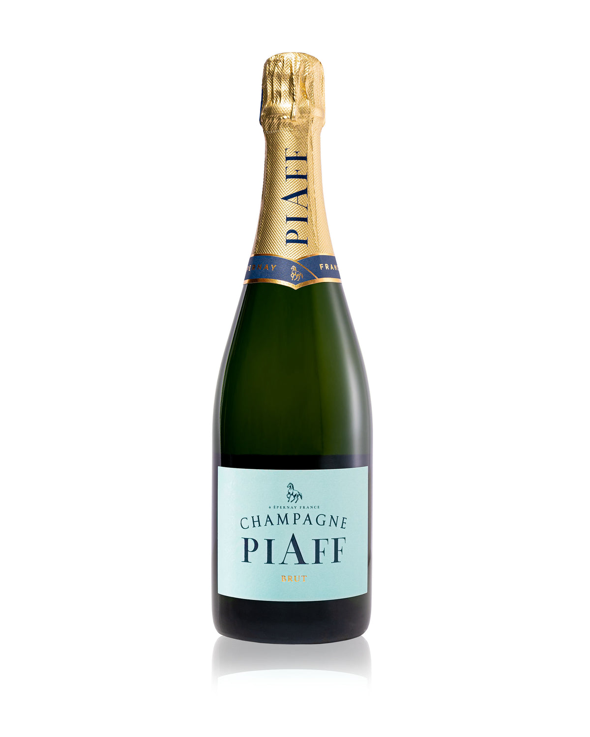 A bottle of Champagne PIAFF Brut NV by champagne-piaff, featuring a gold foil-wrapped neck and a blue label. The label prominently displays &quot;Champagne PIAFF&quot; in bold letters with smaller text stating &quot;Brut&quot; underneath. Known for its persistent mousse, this premium champagne is showcased against a plain white background.