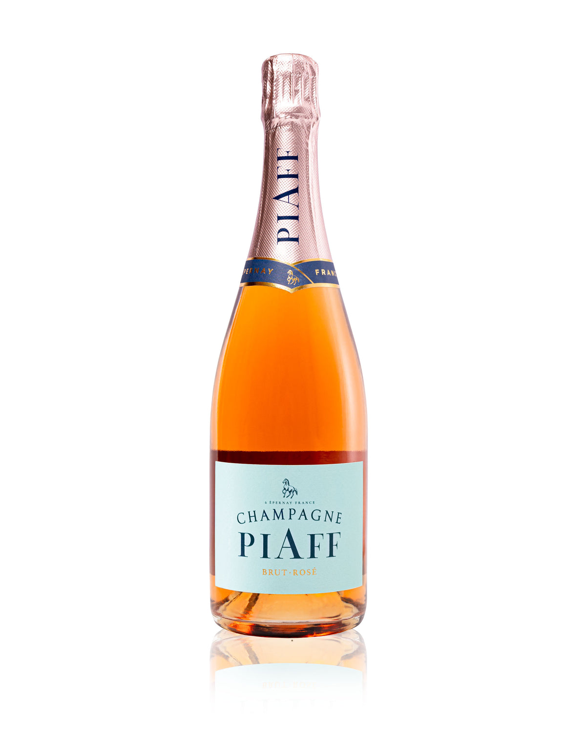 A bottle of Champagne PIAFF Brut Rosé NV from champagne-piaff is showcased against a white background. The bottle features a pink foil top and a light blue label with the text &quot;Champagne PIAFF Brut Rosé.&quot; The label also includes an emblem of a horse, hinting at notes of fresh strawberry and vibrant red fruits.