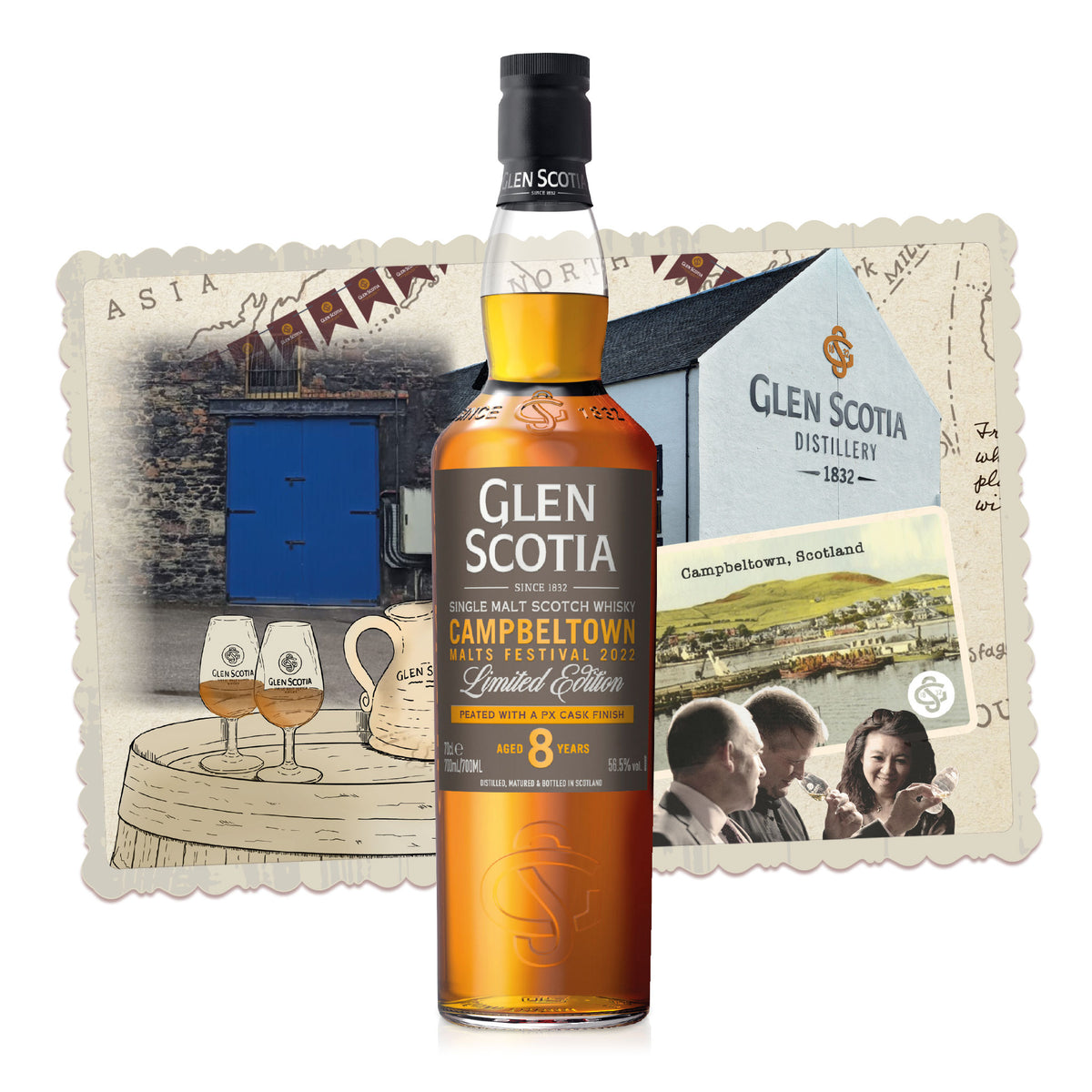 A bottle of Glen Scotia Campbeltown Malts Festival Edition 2022 is in front of a collage. The collage includes images of Glen Scotia Distillery, whisky glasses, a bar with barrels, and a map highlighting Campbeltown, Scotland. The label indicates it&#39;s a limited edition for the Campbeltown Malts Festival 2022.