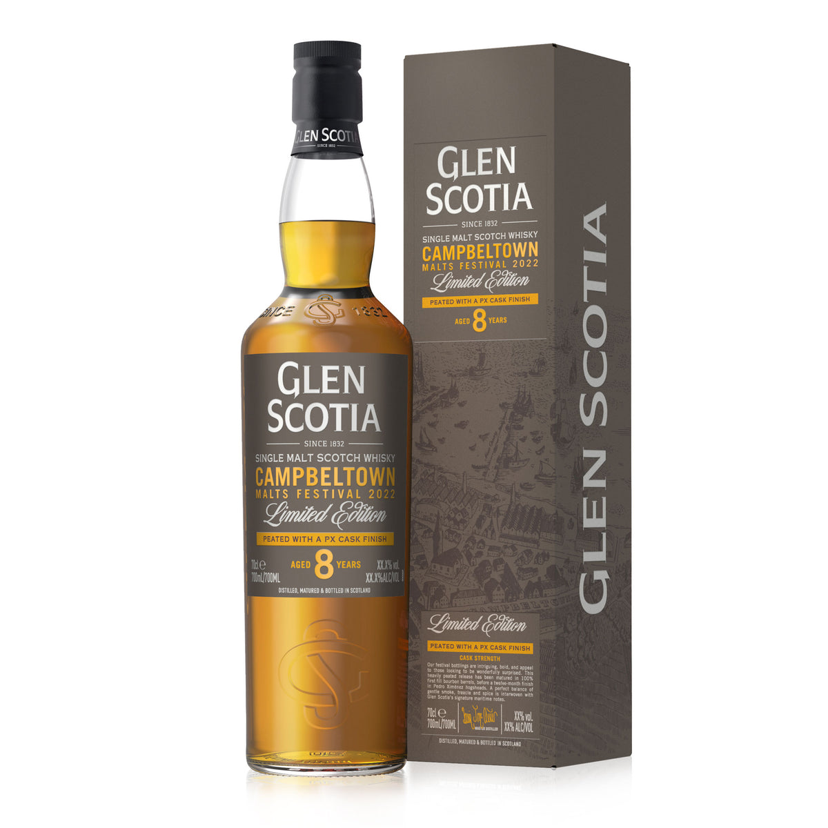 A bottle of Glen Scotia Campbeltown Malts Festival Edition 2022 stands next to its brown and gold box. The label on the bottle highlights its limited edition release for the Campbeltown Malts Festival 2022. The bottle is partly transparent, showcasing the golden amber whisky inside—a perfect whisky gift for enthusiasts.