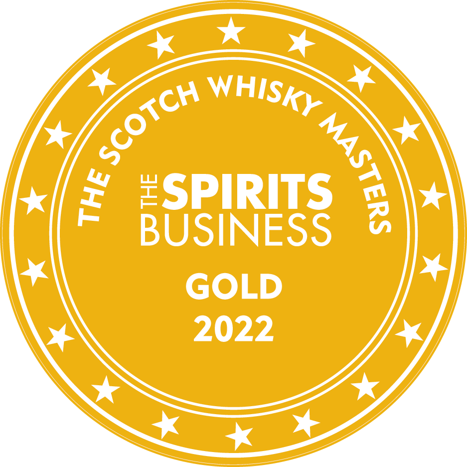 A circular gold medal with white text and stars around the edge. The text reads "THE SCOTCH WHISKY MASTERS" around the top, with "THE SPIRITS BUSINESS" in the center, and "GOLD 2022" at the bottom.