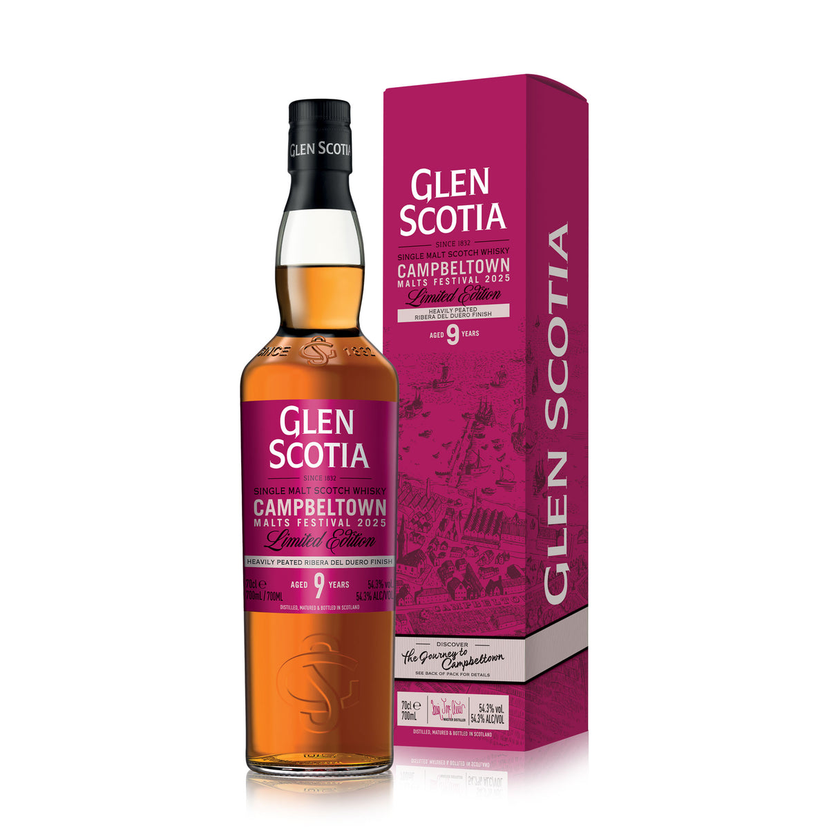 This heavily peated 750 ml Glen Scotia Campbeltown Malts Festival Edition 2025 bottle, aged 9 years, features a pink label and box with &quot;Campbeltown Malts Festival 2023&quot; and &quot;Peated Rum Cask Finish.&quot; Its alcohol content is 56.7%, making it a collector&#39;s delight.