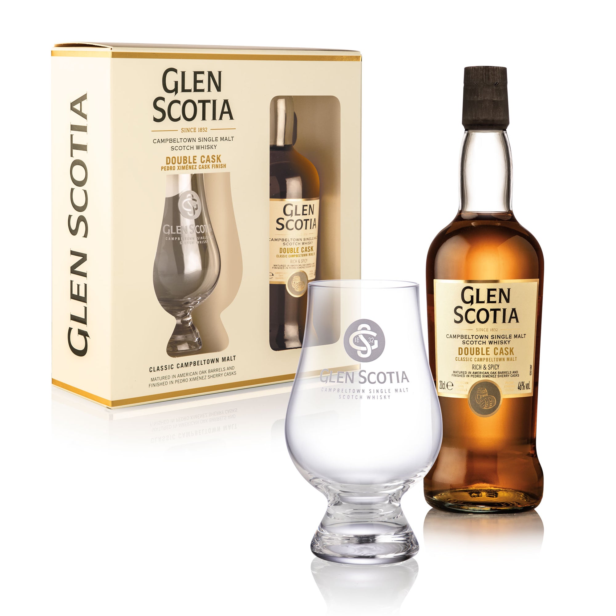 The Whisky and Glass Gift Set by Glen Scotia comes in a beautifully designed cream-colored box with black and gold accents, featuring a bottle of their Double Cask Single Malt whisky alongside a branded Glencairn glass.