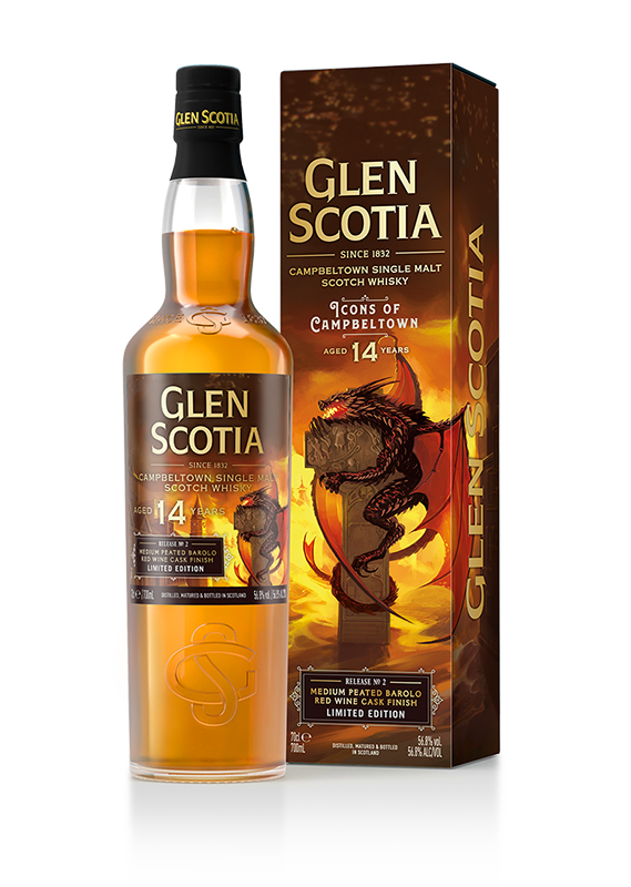 A bottle of Glen Scotia Icons of Campbeltown Release No.2 stands next to its box. The label and box feature a fiery dragon on a dark background, with text reading &quot;Glen Scotia since 1832&quot; and &quot;Campbeltown Single Malt Scotch Whisky Aged 14 Years.