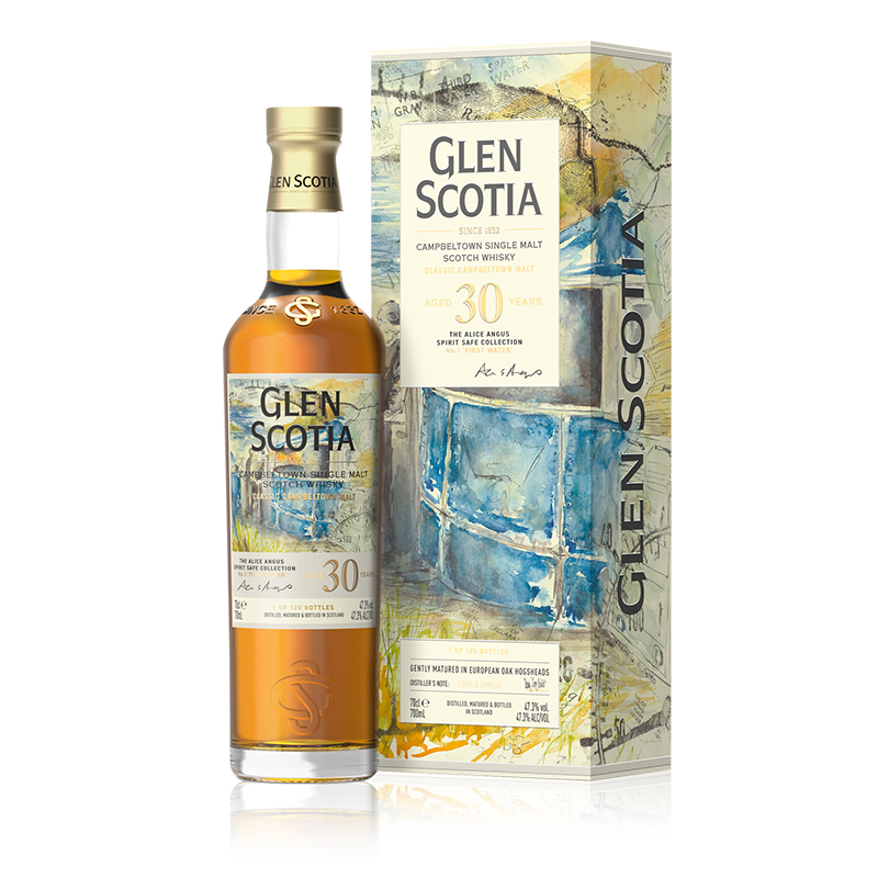 A bottle of Glen Scotia Old &amp; Rare Alice Angus Spirit Safe Collection is displayed next to its matching box. The box features a colorful, abstract painting with blue, yellow, and white tones. This limited edition bottling boasts a gold cap and label adorned with similar artwork.