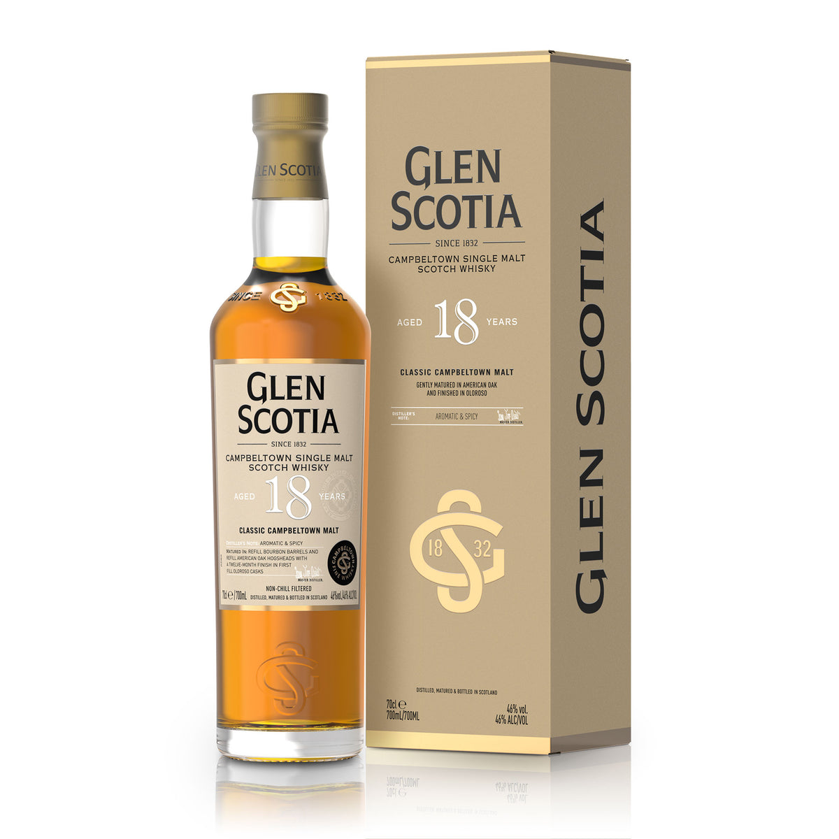 A bottle of Glen Scotia 18 Year Old Single Malt Scotch Whisky stands next to its matching gold-colored box. The bottle and box feature the Glen Scotia branding, detailing the whisky’s age, origin, and various attributes—an elegant choice for whisky gifts.