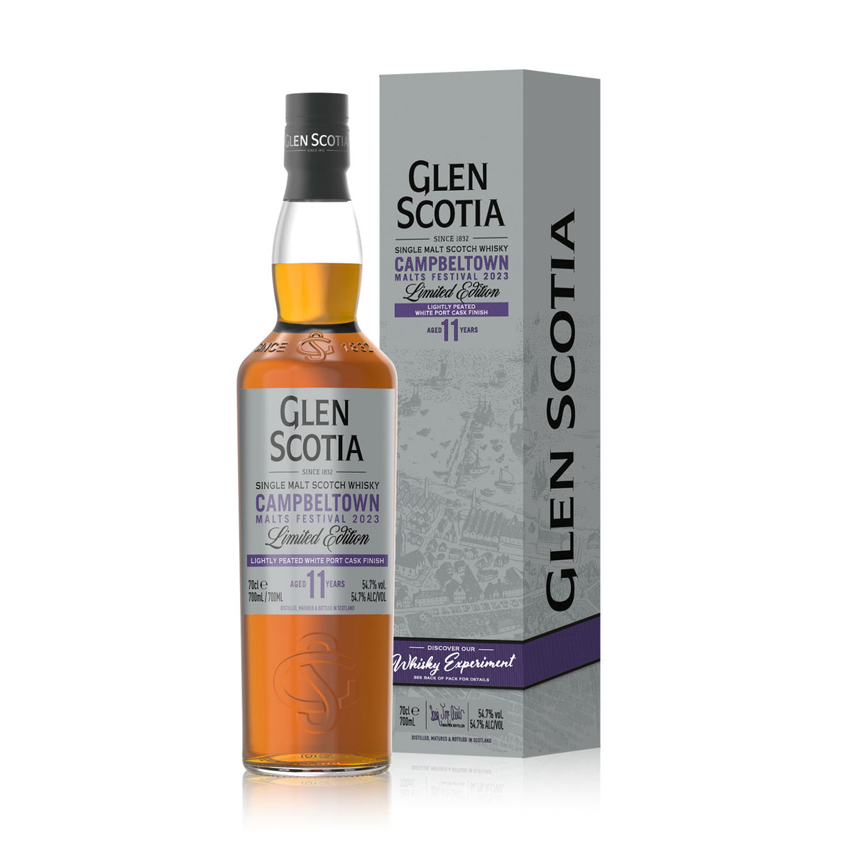 Displayed next to its matching box, the Glen Scotia Campbeltown Malts Festival Edition 2023 features a limited-edition bottling of Single Malt Scotch Whisky. The bottle stands out with its purple and silver label and cap, proudly indicating it is 11 years old and has a robust 54.7% alcohol volume.