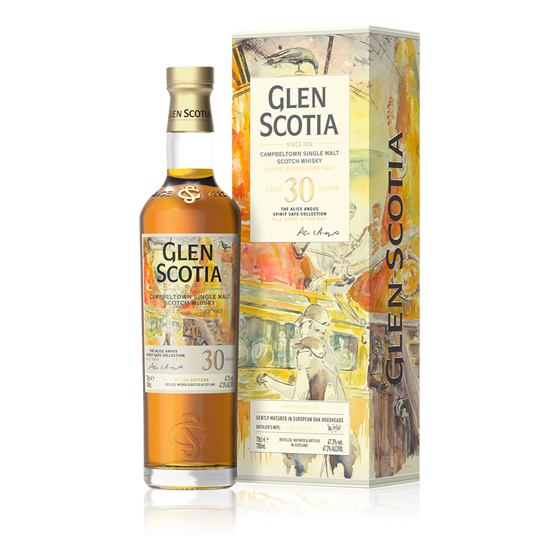 A bottle of Alice Angus Spirit Safe Collection by Glen Scotia Old &amp; Rare is displayed alongside its colorful, artistically designed box. The label on this limited edition bottling includes the signature of Michael Henry and emphasizes the whisky&#39;s age and origin.