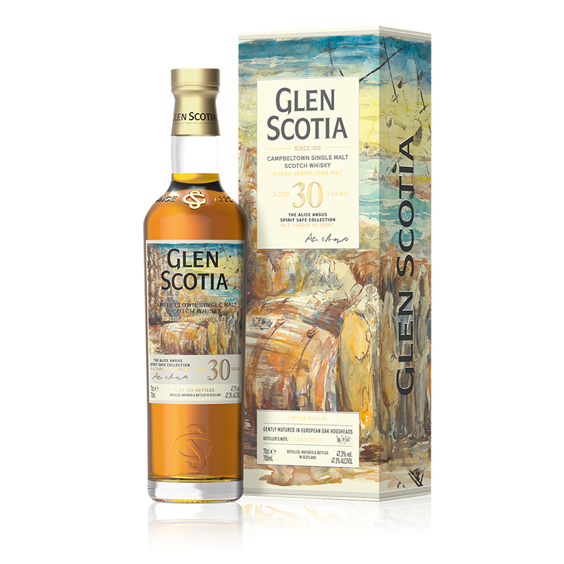 A bottle from the Alice Angus Spirit Safe Collection by Glen Scotia Old &amp; Rare stands next to its colorful box packaging. The box features abstract artwork with blue, green, and yellow hues. This limited edition bottling has a clear label displaying the distillery name and age.