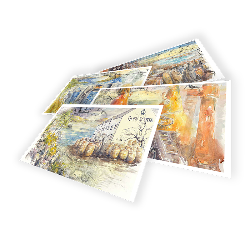 A display of the Spirit Safe Postcard Collection by Glen Scotia, featuring four watercolor postcards arranged in a scattered layout against a black background. Each postcard showcases different scenic artwork from the Kintyre Peninsula, highlighting rustic buildings, wooden barrels, and landscapes. One of the postcards includes the text &quot;Glen Scotia.