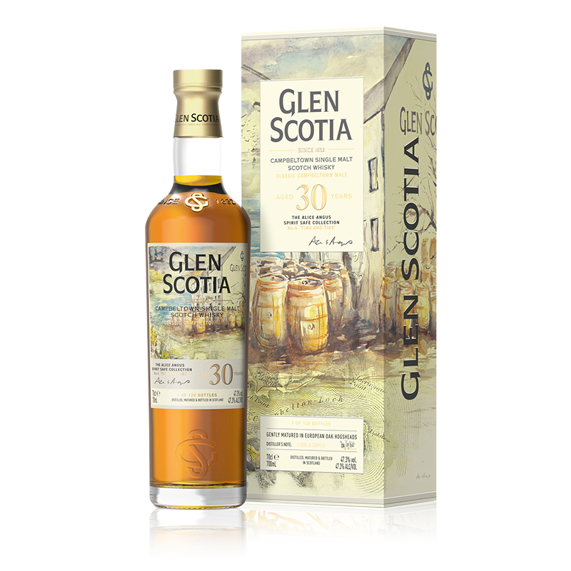 A bottle of Glen Scotia Old &amp; Rare Alice Angus Spirit Safe Collection is displayed next to its decorative box. This limited edition bottling showcases a clear golden amber liquid and a white label with gold accents. The box features illustrations of whisky barrels and scenic views.